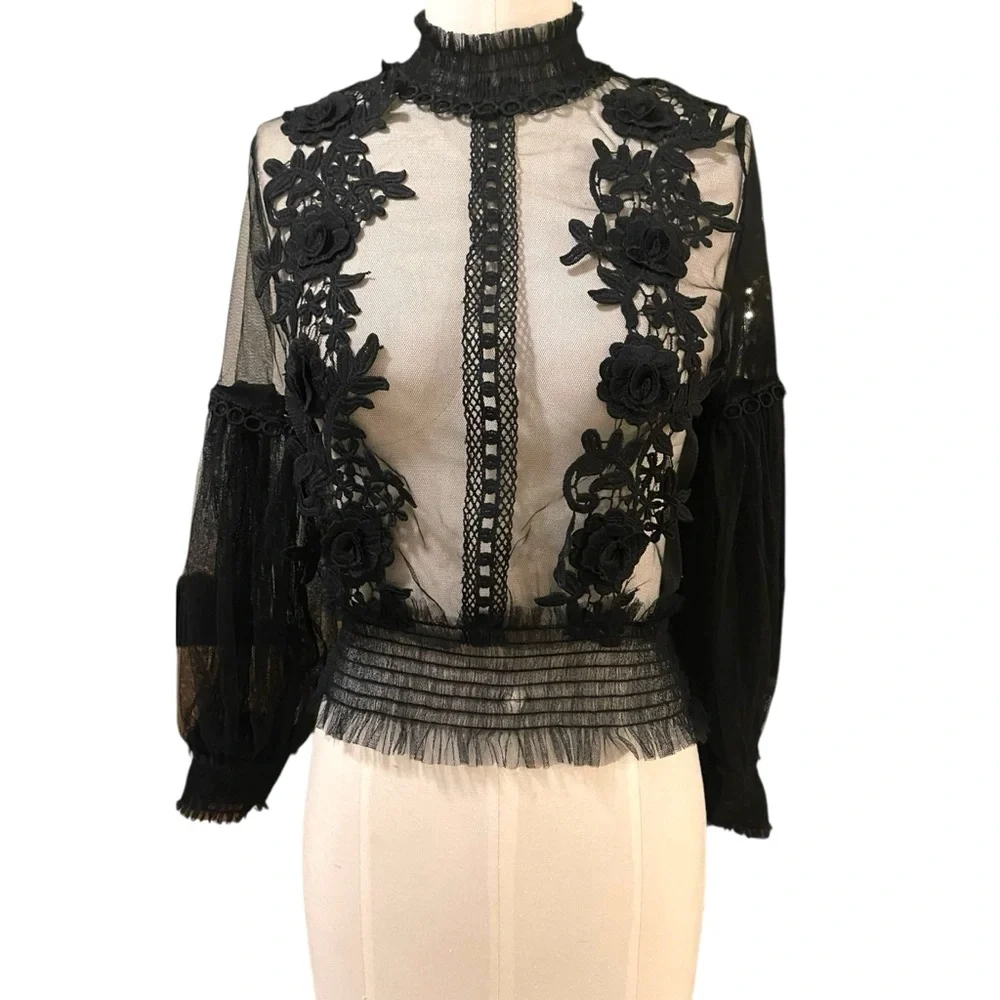 ❤️ Victorian x Gothic Tulle Lace Bell Sleeve Sheer Blouse - Picture 10 of 12
